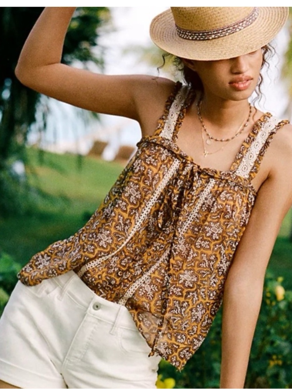 Anthropologie Mustard Floral Lace-Trim Tank